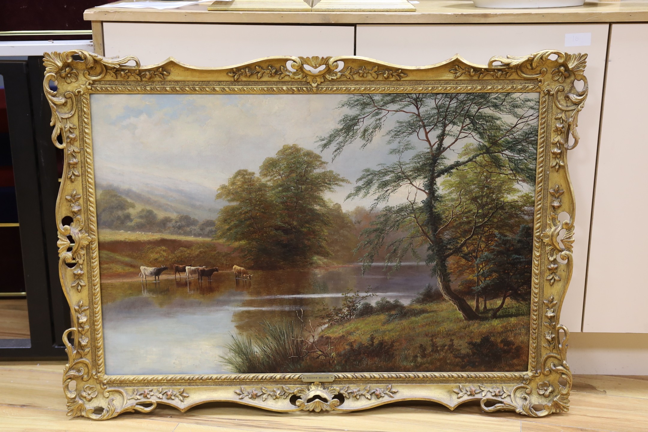 William Mellor (1851-1931), oil on canvas, Cattle watering, signed 59 x 89cm